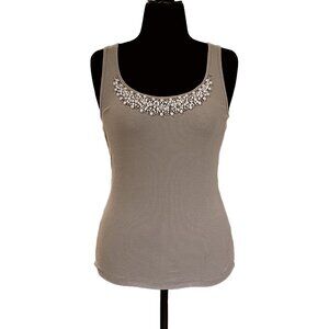 Embellished Rib Knit Cotton Tank Top — Taupe Stone Neutral Scoop Neck Size M
